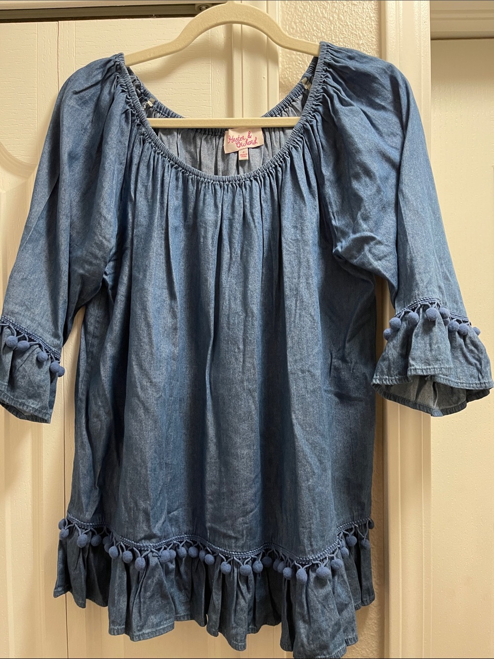 Hayden women’s Light Blue Denim Pom-Pom Trim blouse